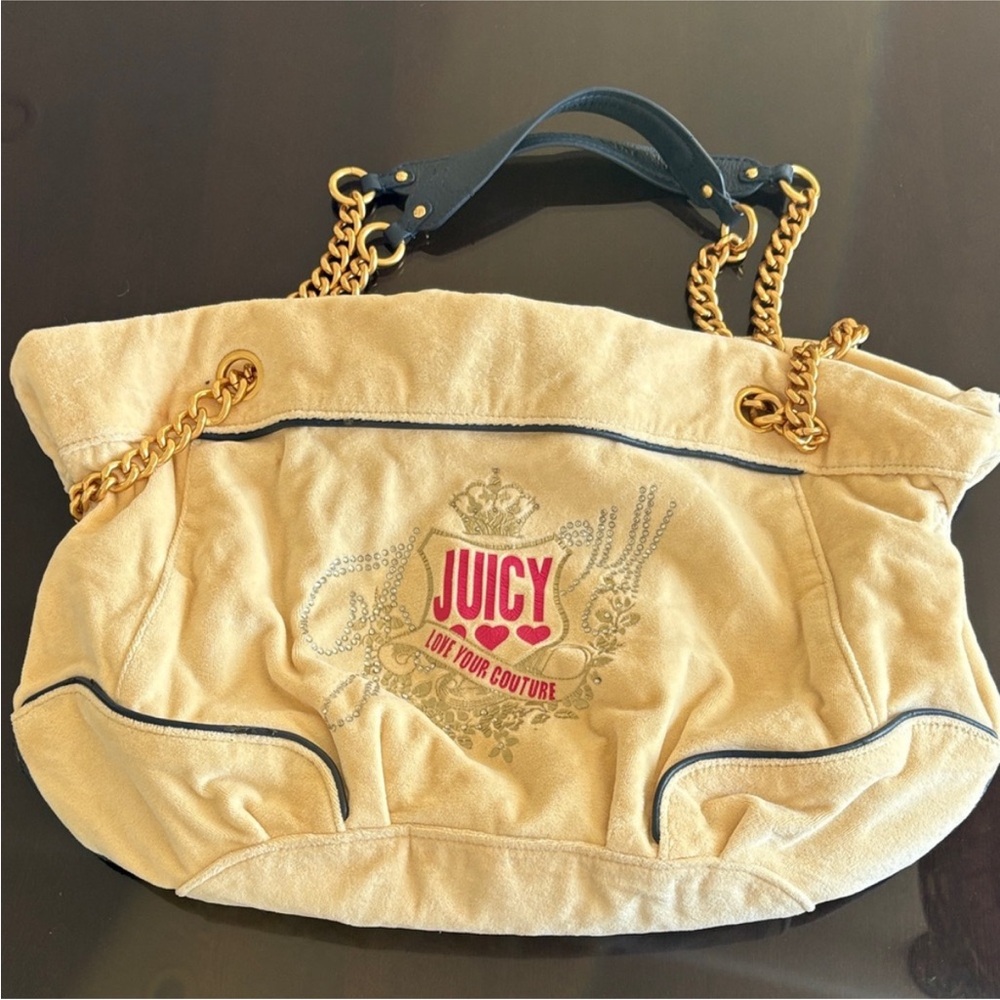 Vintage Juicy Couture Beige Canvas Shoulder Bag with Gold Chain Accents